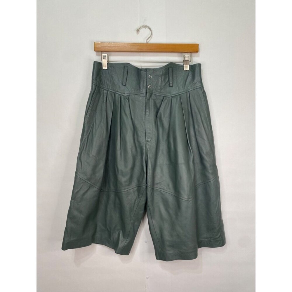 Situationist 44 Dark Green Grey Leather Shorts Western Style Pleats Long - Picture 1 of 13